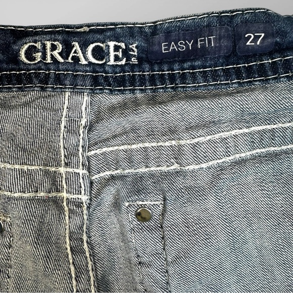 Grace LA Y2K Capri Jeans Sz 27 Easy Fit Embroidered Thick Stitch - Picture 7 of 9
